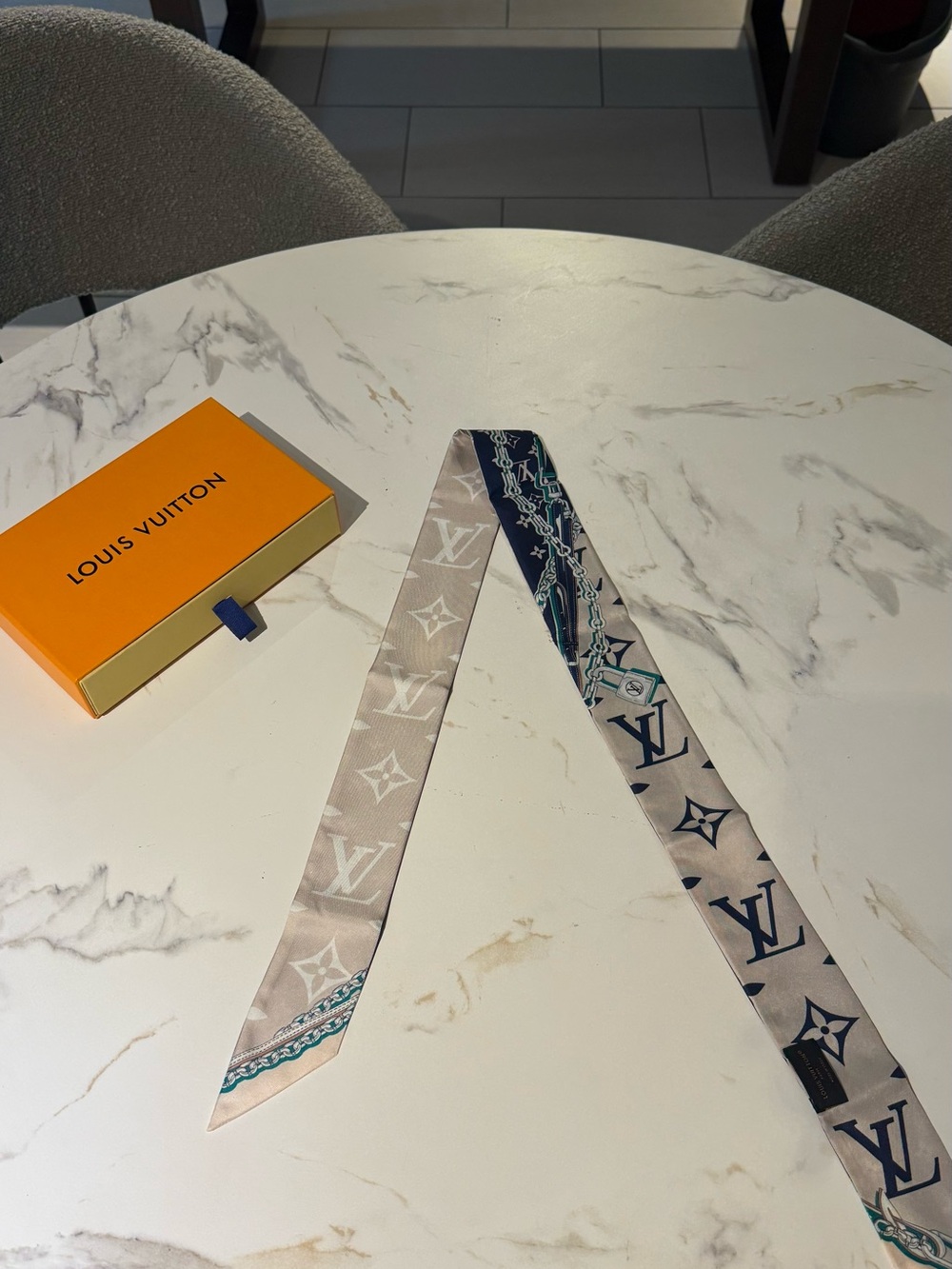 Louis Vuitton Beige & Navy Monogram Silk Twilly